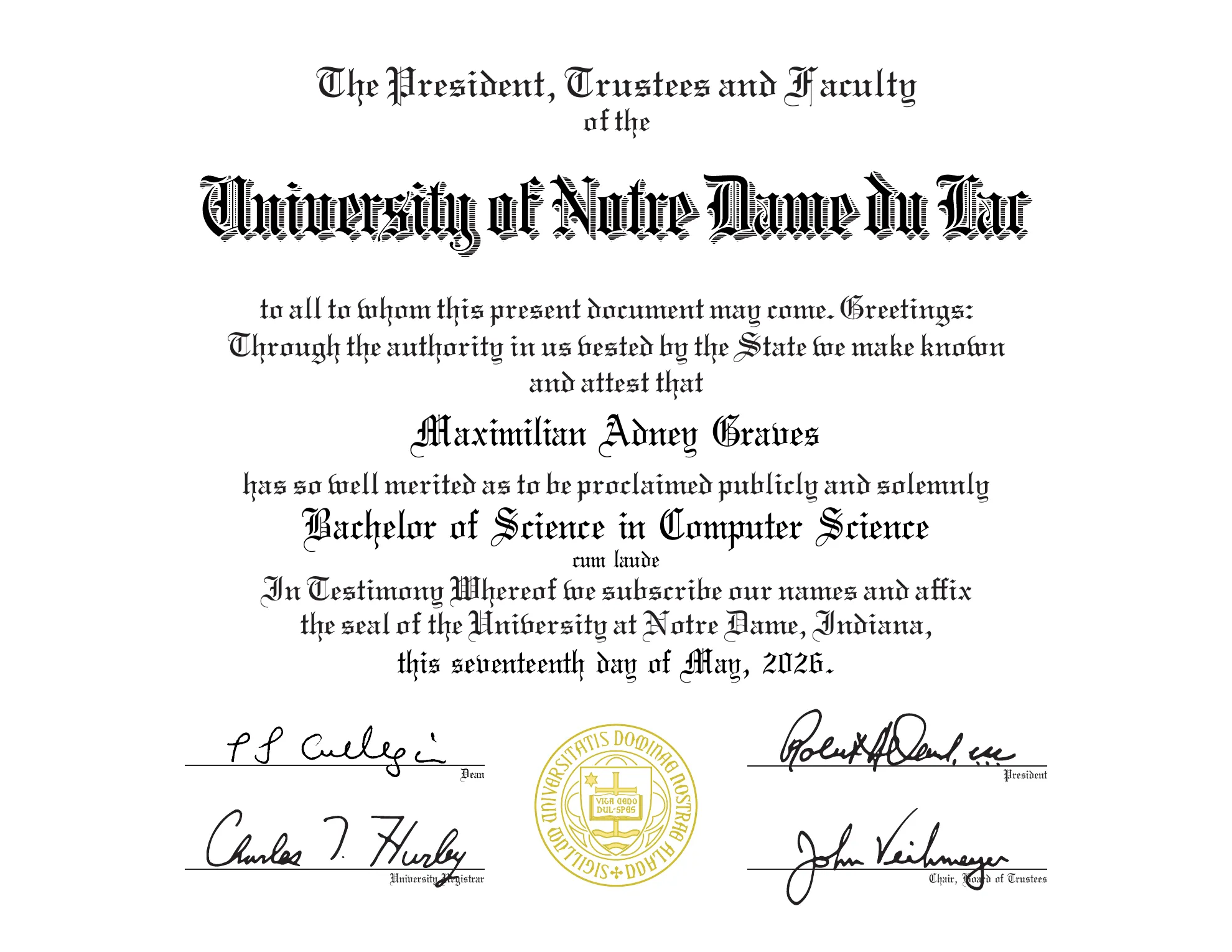 University of Notre Dame Bachelor of Science in Computer Science diploma for Maximilian Abney Graves