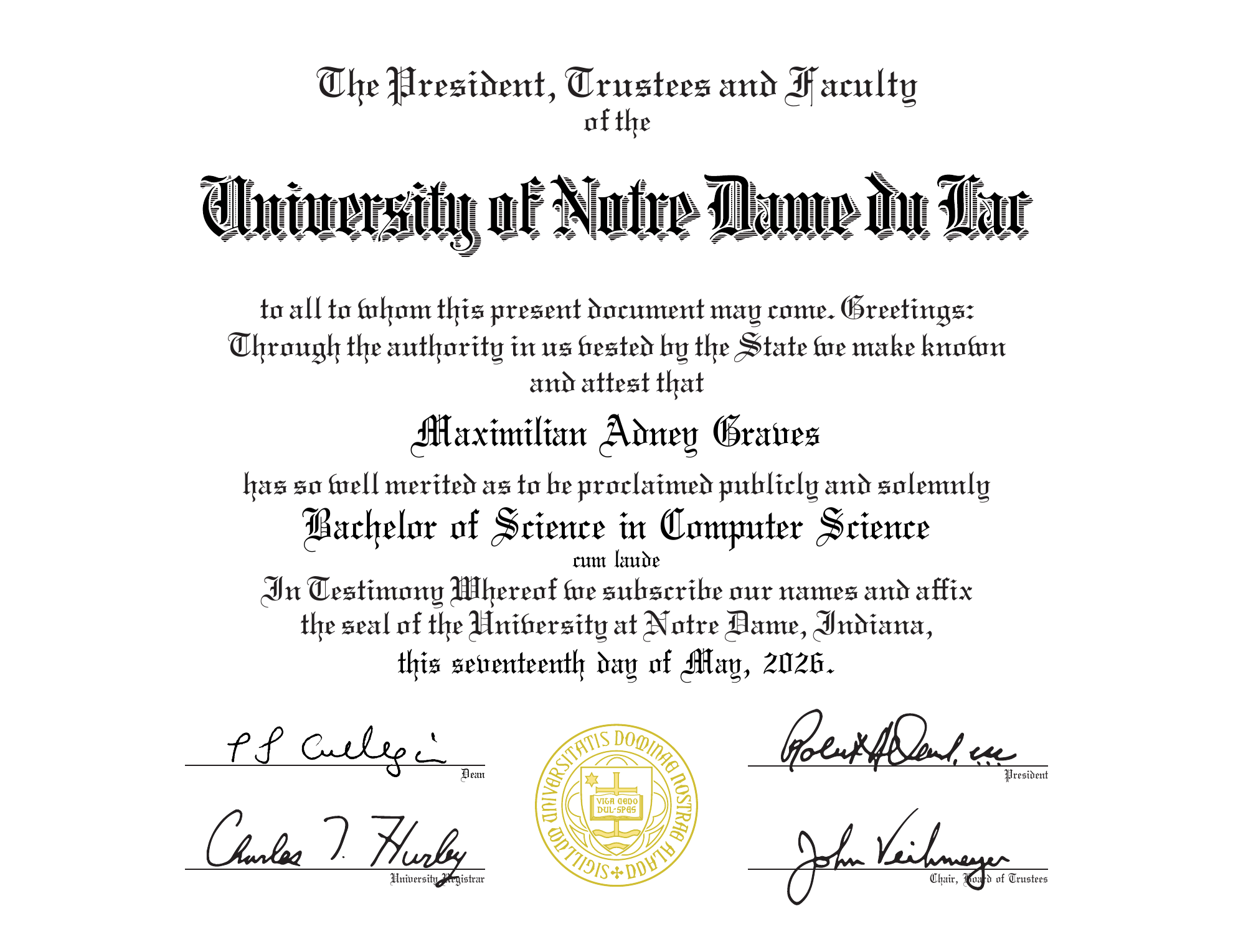 University of Notre Dame Bachelor of Science in Computer Science diploma for Maximilian Abney Graves